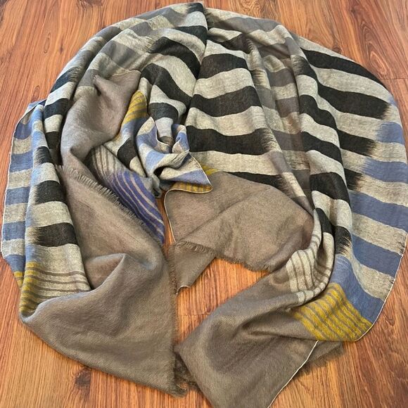 Jadem Bir 100% cashmere taupe blue striped scarf wrap  large - Picture 1 of 7